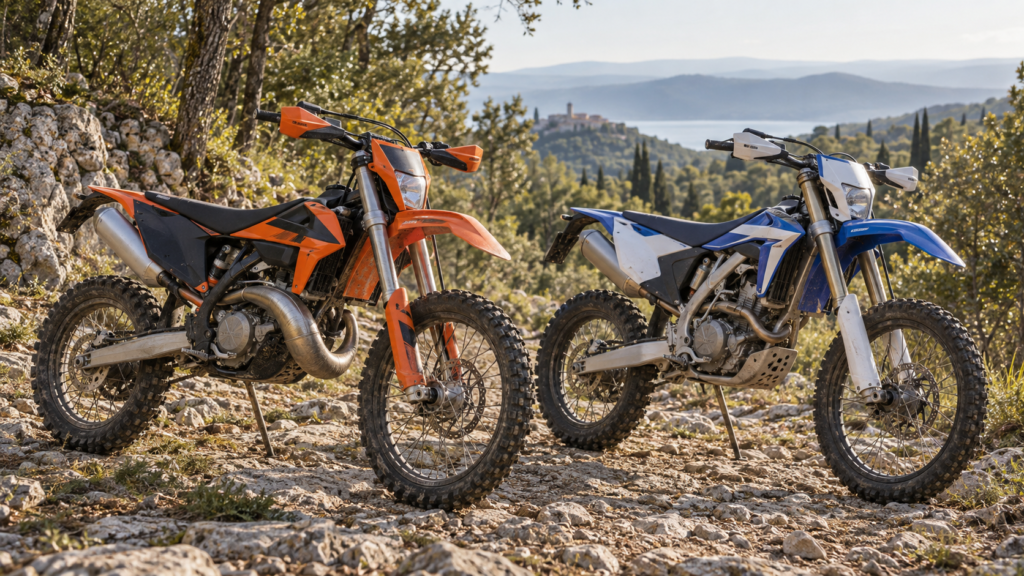 Two-stroke vs four-stroke enduro motorcycles on a rocky forest trail