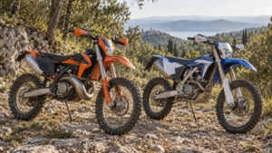 Two-stroke vs four-stroke enduro motorcycles on a rocky forest trail