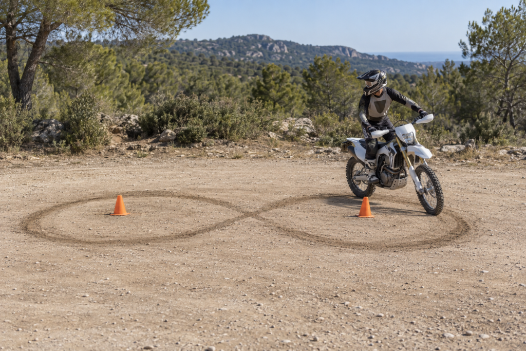 Dirt bike clutch control practice during a slow figure-eight exercise