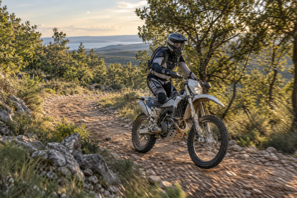 Four-stroke enduro rider maintaining momentum on a flowing forest trail 2 Takt oder 4 Takt Enduro